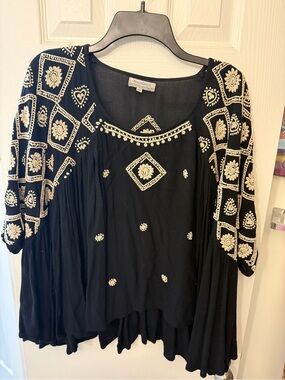 Cost Plus World Market Black Tunic with Cream Embroidery